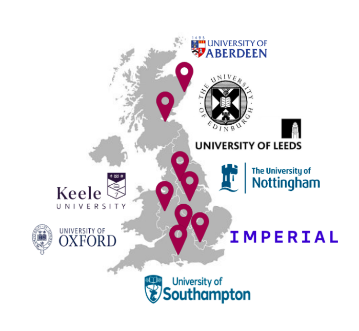 A map showing the location of institutions involved in SOLVE: University of Aberdeen University of Edinburgh University of Leeds University of Nottingham Keele University Imperial College London University of Oxford University of Southampton